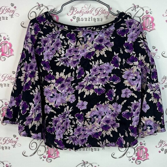 Ricki's top shirt ruffle sleeves flowers flowy Black and Purple Floral Blouse - Picture 1 of 8